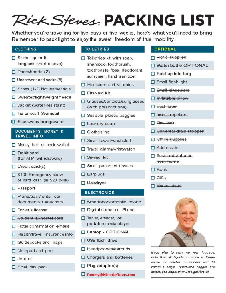 Packing List Nicholas Tours